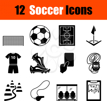 Set of twelve soccer black icons. Vector illustration.