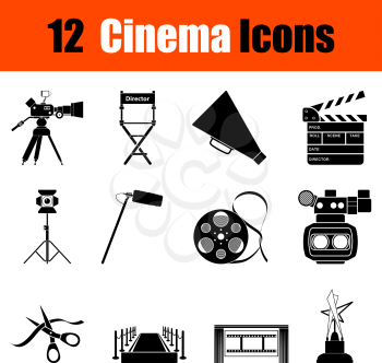 Set of twelve cinema black icons. Vector illustration.
