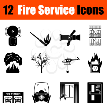 Set of twelve fire service black icons. Vector illustration.