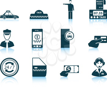 Set of twelve Taxi icons with reflections. Vector illustration.