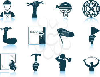 Set of twelve Labour Day icons with reflections. Vector illustration.