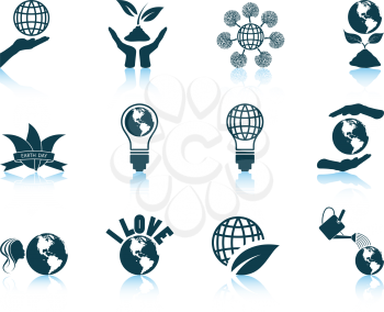 Set of twelve Earth day icons with reflections. Vector illustration.