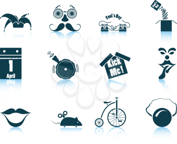Set of twelve April Fool's day icons with reflections. Vector illustration.