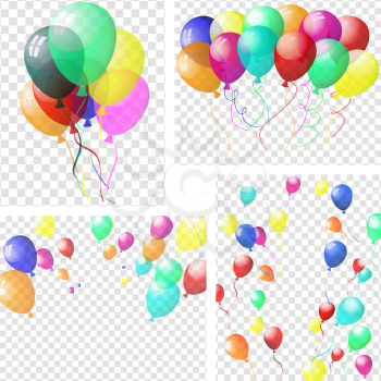 Transparent colorful balloons in air on gray grid background. Vector illustration.
