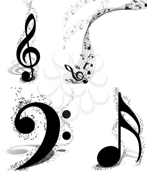 Black and white musical design set from music staff elements with treble clef and notes with copy space. Isolated on white. Vector illustration.