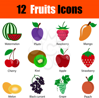 Flat design fruit icon set with titles in ui colors. Vector illustration.