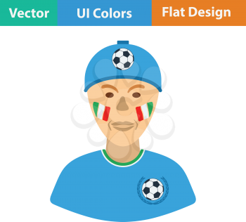 Football fan with painted face by italian flags icon. Flat design in ui colors. Vector illustration.