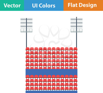 Stadium tribune with seats and light mast icon. Flat design in ui colors. Vector illustration.