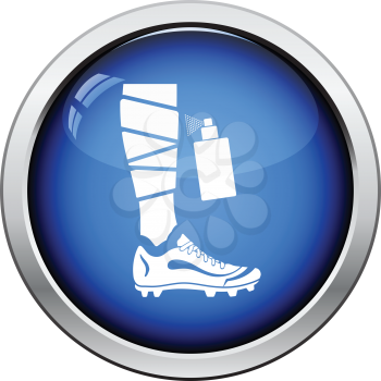 Icon of football bandaged leg with aerosol anesthetic. Glossy button design. Vector illustration.