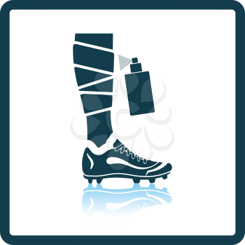 Icon of football bandaged leg with aerosol anesthetic. Shadow reflection design. Vector illustration.