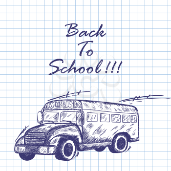 School bus. Doodle sketch on checkered paper background. Vector illustration.