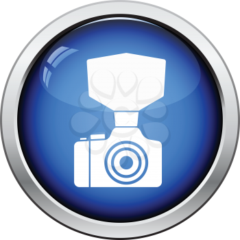 Camera with fashion flash icon. Glossy button design. Vector illustration.