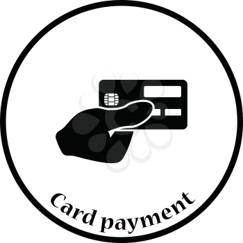 Hand holding credit card icon. Thin circle design. Vector illustration.