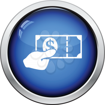 Hand holding money icon. Glossy button design. Vector illustration.