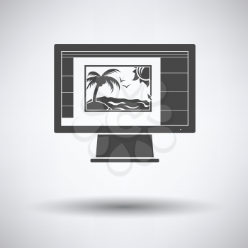 Icon of photo editor on monitor screen on gray background, round shadow. Vector illustration.