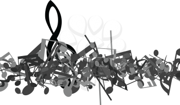 Black and white musical design from music staff elements with treble clef and notes. Isolated on white. Vector illustration.