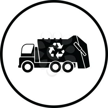 Garbage car with recycle icon. Thin circle design. Vector illustration.