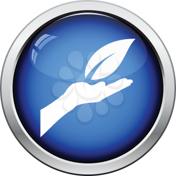 Hand holding leaf icon. Glossy button design. Vector illustration.