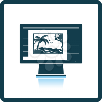 Icon of photo editor on monitor screen. Shadow reflection design. Vector illustration.