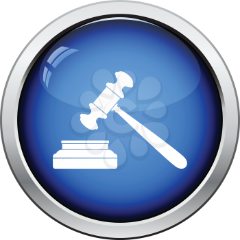 Judge hammer icon. Glossy button design. Vector illustration.