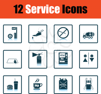 Set of twelve Petrol station icons. Shadow reflection design. Vector illustration.