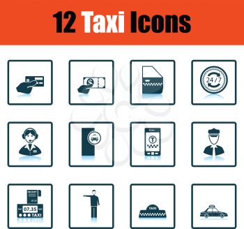 Set of twelve Taxi icons. Shadow reflection design. Vector illustration.
