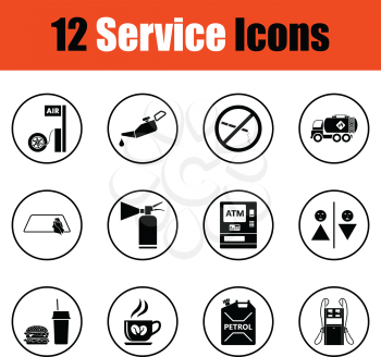 Set of twelve Petrol station icons.  Thin circle design. Vector illustration.