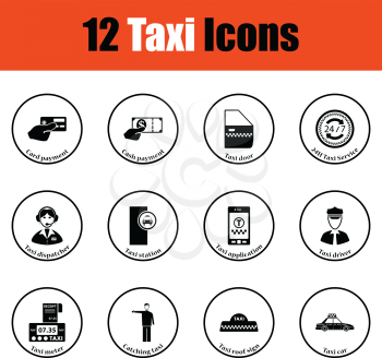 Set of twelve Taxi icons.  Thin circle design. Vector illustration.