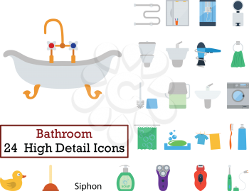 Set of 24 Bathroom Icons. Flat color design. Vector illustration.