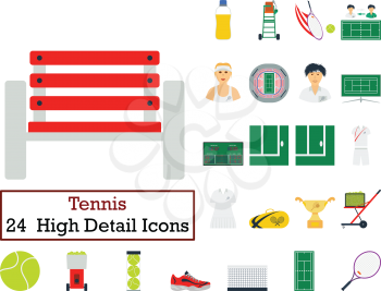 Set of 24 Tennis Icons. Flat color design. Vector illustration.