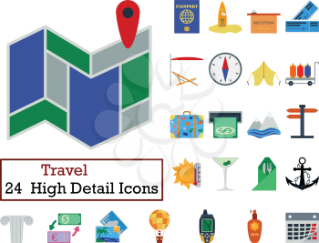 Set of 24 Travel Icons. Flat color design. Vector illustration.