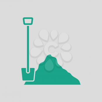 Icon of Construction shovel and sand. Gray background with green. Vector illustration.