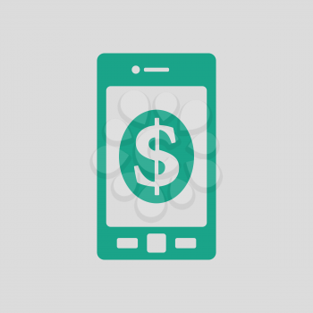 Smartphone with dollar sign icon. Gray background with green. Vector illustration.