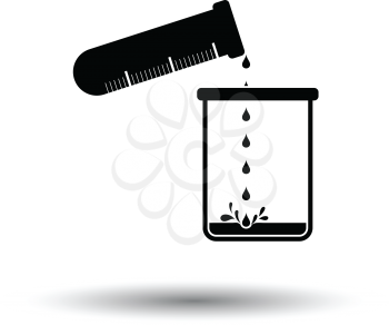 Icon of chemistry beaker pour liquid in flask. White background with shadow design. Vector illustration.