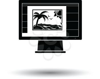 Icon of photo editor on monitor screen. White background with shadow design. Vector illustration.