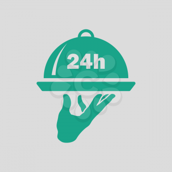 24 hour room service icon. Gray background with green. Vector illustration.