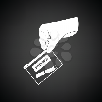 Hand holding evidence pocket icon. Black background with white. Vector illustration.