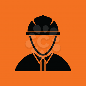 Icon of construction worker head in helmet. Orange background with black. Vector illustration.
