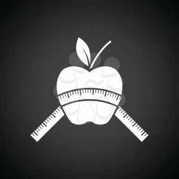 Apple with measure tape icon. Black background with white. Vector illustration.