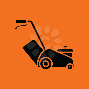 Lawn mower icon. Orange background with black. Vector illustration.