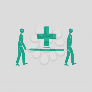Soccer medical staff carrying stretcher icon. Gray background with green. Vector illustration.