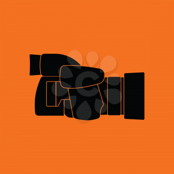 Icon of premium photo camera. Orange background with black. Vector illustration.