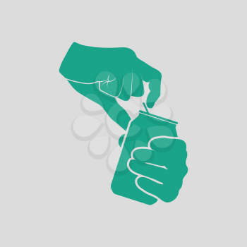 Human hands opening aluminum can icon. Gray background with green. Vector illustration.