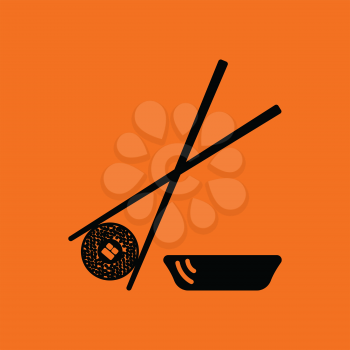 Sushi with sticks icon. Orange background with black. Vector illustration.