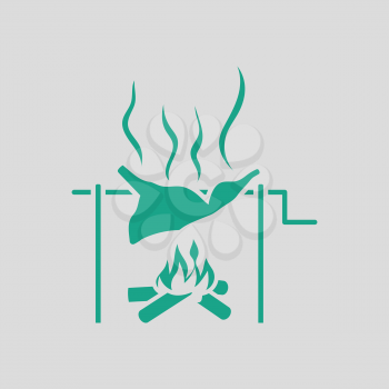 Roasting meat on fire icon. Gray background with green. Vector illustration.