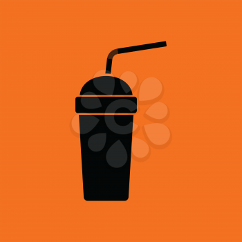 Disposable soda cup and flexible stick icon. Orange background with black. Vector illustration.