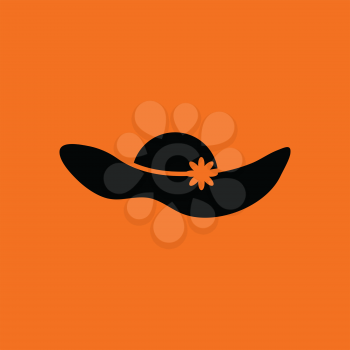 Elegant woman hat icon. Orange background with black. Vector illustration.
