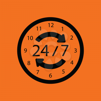 24 hour icon. Orange background with black. Vector illustration.