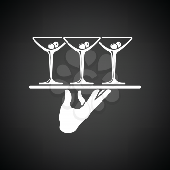 Waiter hand holding tray with martini glasses icon. Black background with white. Vector illustration.
