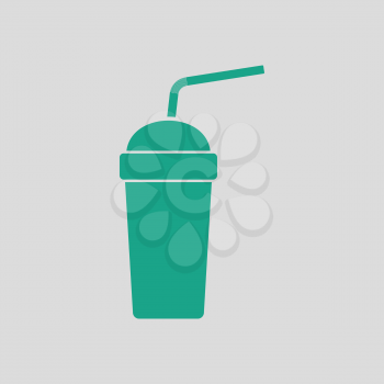 Disposable soda cup and flexible stick icon. Gray background with green. Vector illustration.